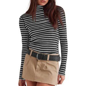 Women's Undershirts Light Grey Striped Long Sleeve Ribbed Slim Top Tees